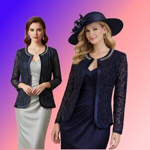 KIRGOZLER Semi-Sheer Floral Blue Silver Thread Lace Rhinestones Cardigan Sz M